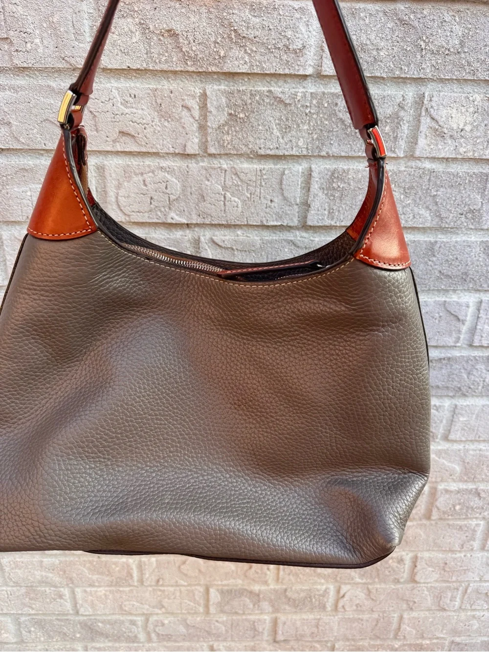 Dooney & Bourke Taupe Leather Shoulder Bag with Brown Accents
